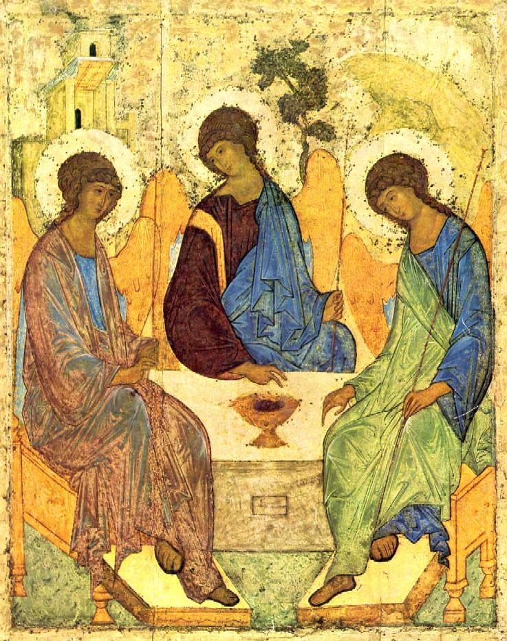 Η πρώτη φανέρωση της Αγίας Τριάδας στην ανθρώπινη ιστορία Στην εικόνα αυτή του Αντρέι Ρουμπλιόφ (1410), η προσοχή επικεντρώνεται στους τρεις αγγέλους και τη σιωπηλή συνομιλία τους.