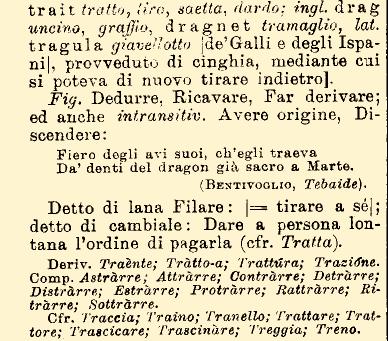 λέξεις που παράγονται από το Trae και traere έχουν σχέση με το σύρω, την έλξη, το τράβηγμα. Ατραξιόν = Παράσταση που τραβάει την προσοχή. Τρατόρε = λατ.