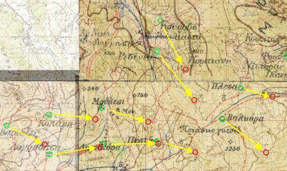 Κεφάλαιο: ΣΥΓΚΡΙΣΕΙΣ 60 Εικόνα 43: Αποκλίσεις οικισμών μεταξύ των ελληνικών παράγωγων χαρτών σε πρώτο πλάνο (ανοιχτό πράσινο χρώμα) και της ΓΥΣ σε φόντο (κόκκινο χρώμα).