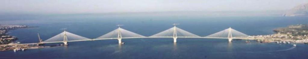 38m κατασκευή με προωθούμενο φορείο εφαρμογή μερικής προέντασης Γέφυρα Ρίου-Αντιρίου (1997-2004) L= 2252m, maxl= 560m (κεντρική γέφυρα) θεμελίωση