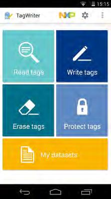 Ta NFC tags που χρησιμοποιήθηκαν Για την εγγραφή του αριθμού που αντιστοιχούσε κάθε φοιτητική ταυτότητα χρησιμοποιήθηκε η εφαρμογή TagWriter της NXP Semiconductors