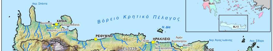 Χάρτης 4-2 Μορφολογικά χαρακτηριστικά του ΥΔ Κρήτης (EL13) Η διοικητική υπαγωγή του ΥΔ σύμφωνα με το Ν.3852/4.6.