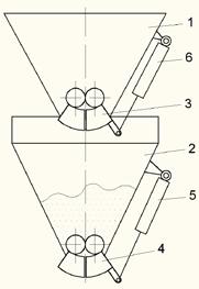 9 Fig.4.3 Dozator cu buncăr 1- siloz de depozitare; - siloz de dozare; 3, 4- închizătoare cu fălci; 5,6 cilindrii pneumatici Fig.4.4 Tipuri de bază de transportoare vibratoare : a-cu mecanism bielă- manivelă; b-cu masă excentrică 1-mecanism de generare a vibraţiilor; - masa vibratoare cu jgheab de transportator 10.