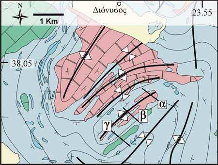 Μεσοσκοπικές δοµές στην Αττικοκυκλαδική Μάζα Σχήμα 2.6: Γεωλογικές τομές από την δυτική περιοχή του ανατολικού Πεντελικού Όρους.