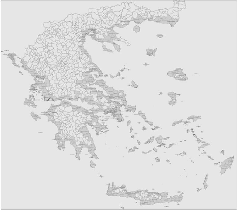 Σχήμα 1: Η Παράκτια Ζώνη στην Ελλάδα σε επίπεδο Δήμων (Beriatos and Papageorgiou, 2010) Αντίστοιχα, θα μπορούσαν να δοθούν και οι ορισμοί για τα παράκτια νερά, τα παράκτια οικοσυστήματα αλλά και τους