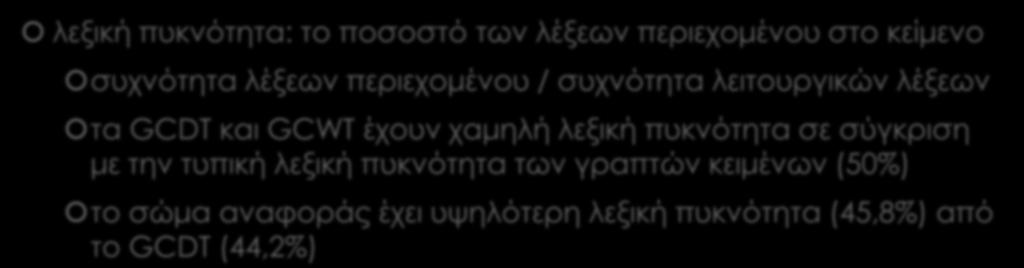 GCDT vs GCWT λεξική πυκνότητα: το ποσοστό των λέξεων περιεχομένου στο κείμενο συχνότητα λέξεων περιεχομένου / συχνότητα λειτουργικών λέξεων τα GCDT και GCWT έχουν