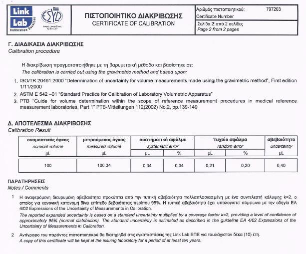 Επειδή όμως η πιπέττα θα χρησιμοποιηθεί 3 φορές η τελική σχετική τυπική αβεβαιότητα είναι: Παράδειγμα διακρίβωσης πιπέττας όγκου 100 μl.