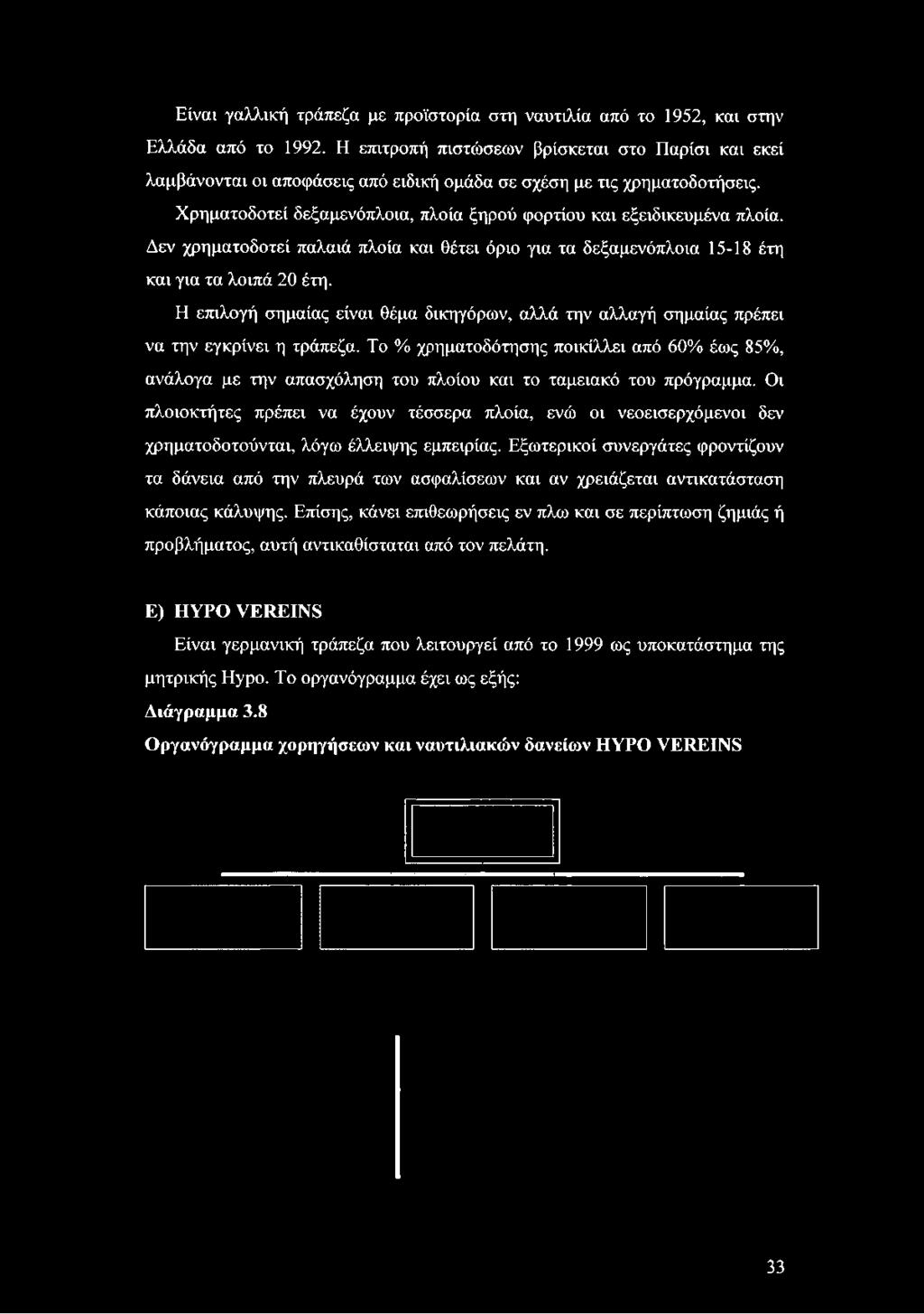 Χρηματοδοτεί δεξαμενόπλοια, πλοία ξηρού φορτίου και εξειδικευμένα πλοία. Δεν χρηματοδοτεί παλαιό πλοία και θέτει όριο για τα δεξαμενόπλοια 15-18 έτη και για τα λοιπά 20 έτη.