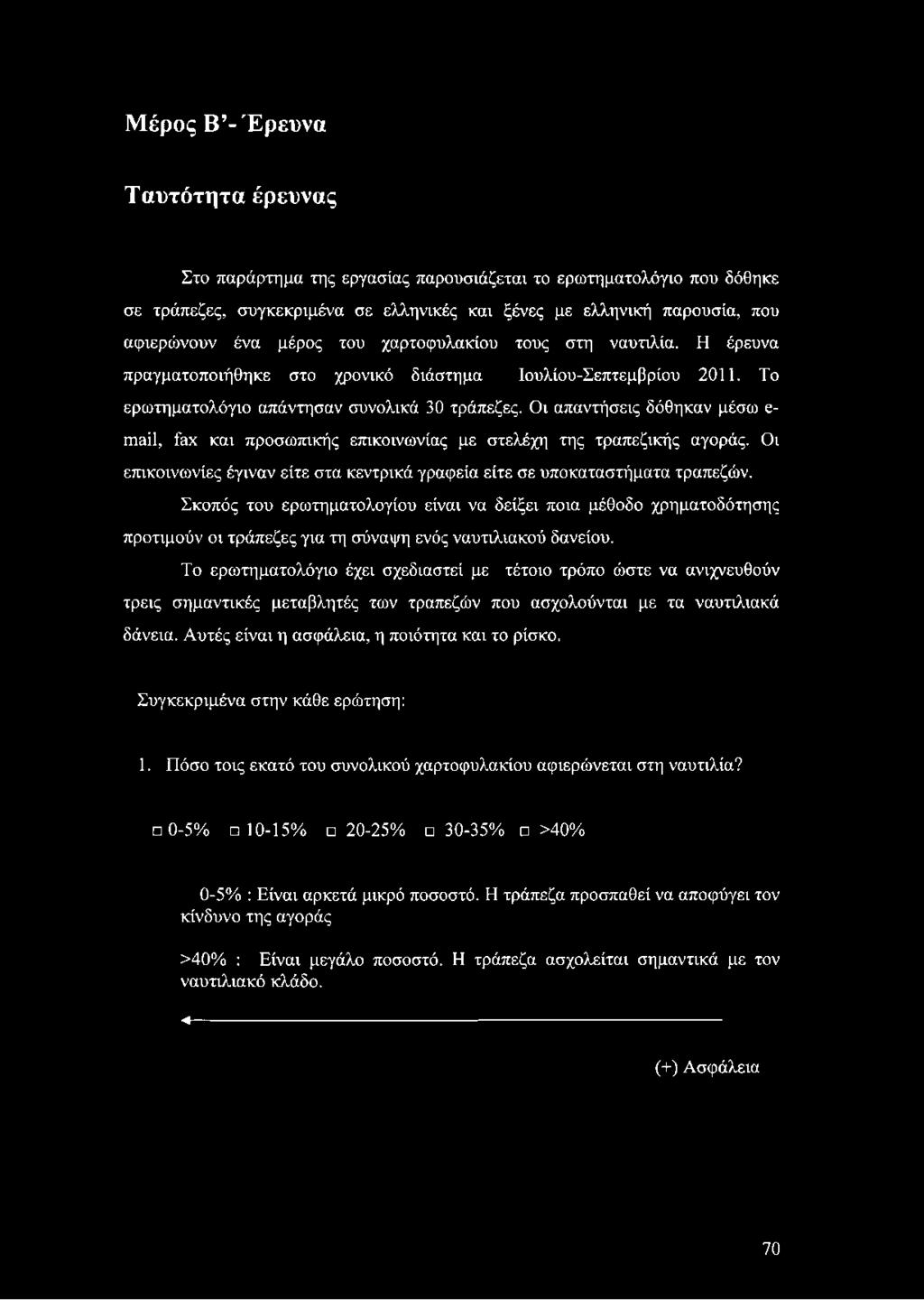 Οι απαντήσεις δόθηκαν μέσω e- mail, fax και προσωπικής επικοινωνίας με στελέχη της τραπεζικής αγοράς. Οι επικοινωνίες έγιναν είτε στα κεντρικά γραφεία είτε σε υποκαταστήματα τραπεζών.