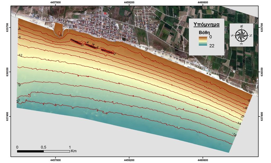 4. ΑΠΟΤΕΛΕΣΜΑΤΑ 4.1. Βυθομετρία Όπως φαίνεται και στο βυθομετρικό χάρτη της περιοχής (Εικ. 11), τα βάθη κυμαίνονται από 0 έως 22 m και αναπτύσσονται ομαλά δημιουργώντας μικρές κλίσεις.