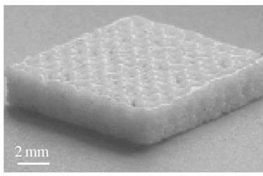 a) b) Sl. 71 : SEM: Poli-(ε- kaprolaktonska) mreža, deponovana selektivnim laserskim sinterovanjem, a) trodimenzionalni izgled, b) izgled odozgo (J Mater Sci: Mater Med (2008) 19:2535 2540.