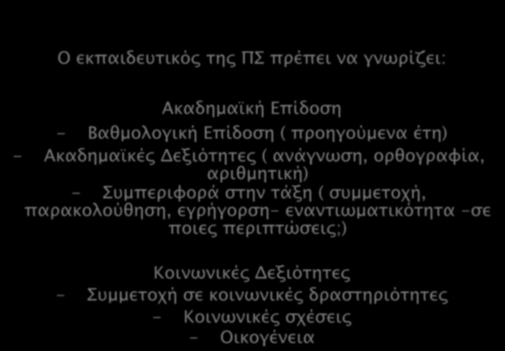 Ο εκπαιδευτικός της ΠΣ πρέπει να γνωρίζει: Ακαδημαϊκή Επίδοση - Βαθμολογική Επίδοση ( προηγούμενα έτη) - Ακαδημαϊκές Δεξιότητες ( ανάγνωση, ορθογραφία, αριθμητική) - Συμπεριφορά στην