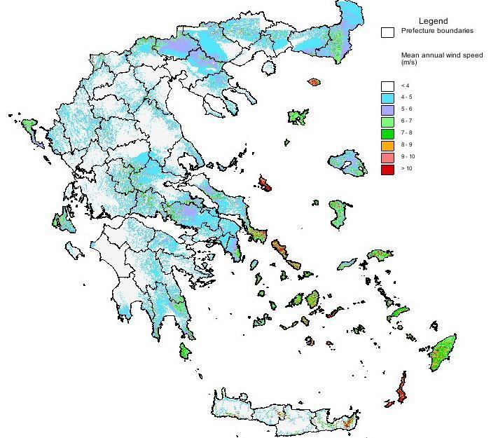 εξαιρετικά ισχυροί άνεμοι κλπ.) και να μην υπάρχουν αντιδράσεις από τις επηρεαζόμενες κοινωνικές ομάδες. Εικόνα 3.1: Το αιολικό δυναμικό της Ελλάδας (Πηγή: ΚΑΠΕ) Στον προηγούμενο χάρτη (Εικόνα 3.