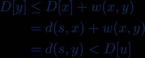 Αλγόριθμος Dijkstra: Ορθότητα Θ.δ.ο όταν κορυφή u εντάσσεται σε ΔΣΜ, D[u] = d(s, u). Επαγωγή: έστω D[v] = d(s, v) για κάθε v ήδη στο ΔΣΜ. u έχει ελάχιστο D[u] (εκτός ΔΣΜ). Έστω ότι D[u] > d(s, u).