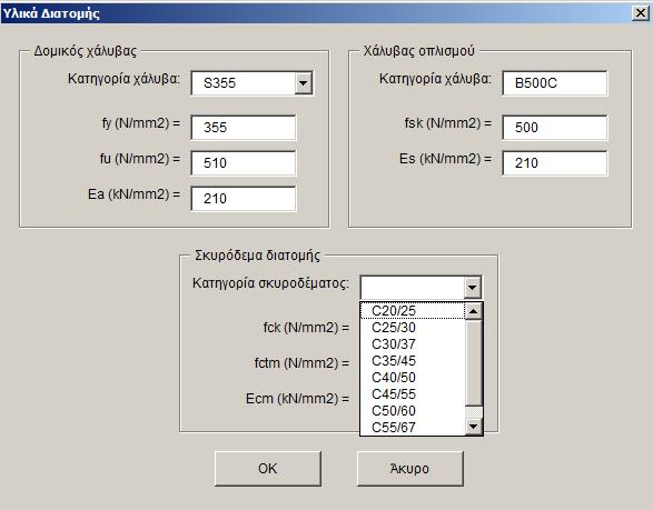 υλικά της διατομής, τα οποία και πάλι επιλέγει αν θέλει αυτοματοποιημένα ο χρήστης.