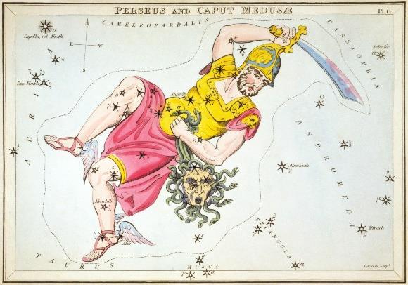Trije nebesni orjaki oziroma silaki: Heraklej, Orion in Perzej, prikazani kot ozvezdja v starih zvezdnih kartah.
