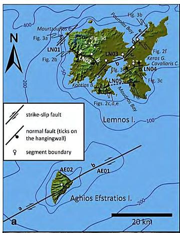 Σχήμα 2.10 Μορφοτεκτονικός χάρτης των νησιών Λήμνου και Αγίου Ευστρατίου με τις κύριες ζώνες ρηγμάτων [3].