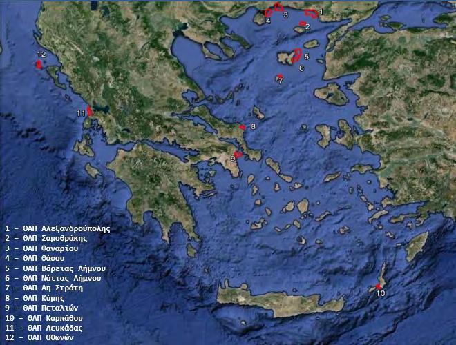 Σχήμα 3.6 Περιοχές που επιλέχθηκαν στην Ελλάδα για μελλοντική εγκατάσταση θαλάσσιων αιολικών πάρκων [40].