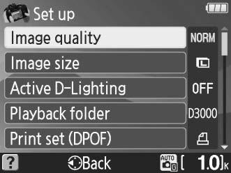 μενού οδηγού και πιέστε το J για να εμφανιστούν οι ακόλουθες επιλογές: Image quality (Ποιότητα εικόνας) LCD brightness (Φωτεινότητα LCD) Language (Γλώσσα) Image size (Μέγεθος εικόνας) Info background