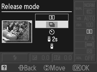 Release Mode (Τρόπος λήψης) Ο τρόπος λήψης καθορίζει τον τρόπο με τον οποίο η μηχανή τραβά τις φωτογραφίες: μία μία, συνεχόμενες στη σειρά, με χρονική υστέρηση κλείστρου ή με το τηλεχειριστήριο.