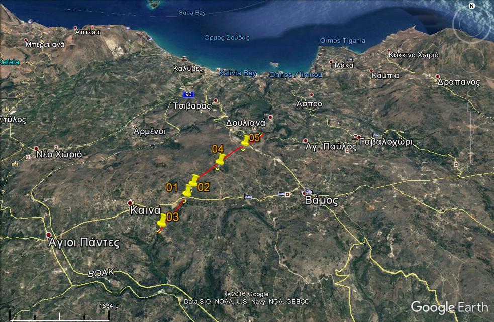 Αποτελέσματα γεωφυσικής μελέτης Για τη διεξαγωγή της μελέτης πραγματοποιήθηκαν 21 μετρήσεις ΤΕΜ σε 5 θέσεις σχηματίζοντας ένα προφίλ μήκους περίπου 3,2 Km με διεύθυνση ΝΔ-ΒΑ.