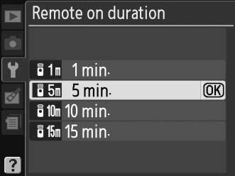 Self-timer delay (Υστέρηση χρονόμετρου αυτοφωτογράφησης) Κουμπί G B μενού ρυθμίσεων Επιλέξτε τη διάρκεια της καθυστέρησης αποδέσμευσης κλείστρου στη λειτουργία χρονόμετρου αυτοφωτογράφησης (0 55).