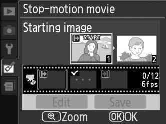 Stop-motion movie (Ταινία καρέκαρέ) Κουμπί G N μενού επεξεργασίας Αν επιλέξετε τη δυνατότητα Stop-motion movie (Ταινία καρέ-καρέ) από το μενού επεξεργασίας, εμφανίζεται το μενού που υποδεικνύεται στο