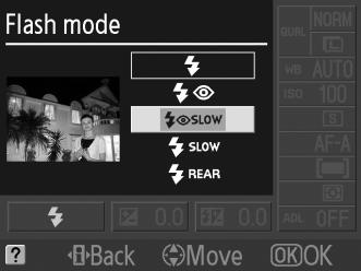 Flash mode (Λειτουργία φλας) Για να επιλέξετε λειτουργία φλας: 1 Τοποθετήστε το δρομέα στην οθόνη πληροφοριών. Αν δεν εμφανιστούν πληροφορίες λήψης στην οθόνη, πιέστε το κουμπί R.