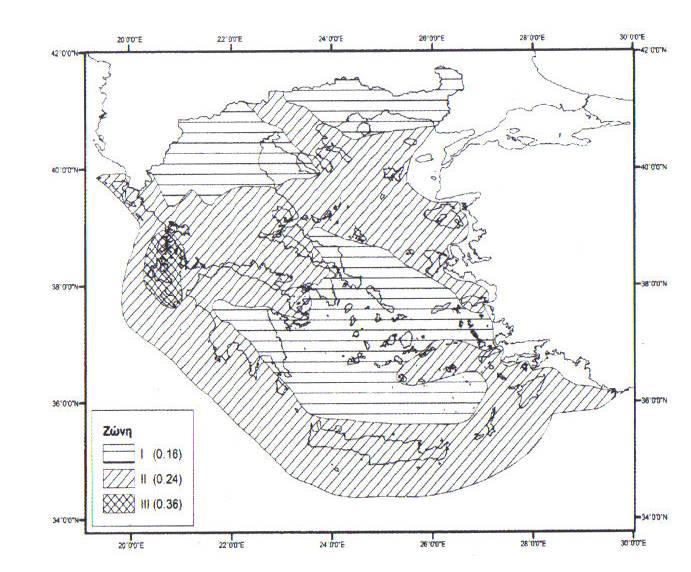 ΚΕΦΑΛΑΙΟ 4ο ΦΟΡΤΙΑ ΣΤΗΝ ΚΑΤΑΣΚΕΥΗ Πίνακας 4.25: Εδαφική επιτάχυνση ανάλογα με τη ζώνη σεισμικής επικινδυνότητας Σχήμα 4.31: Χάρτης Ζωνών Σεισμικής Επικινδυνότητας της Ελλάδος. Στο Πίνακα 4.