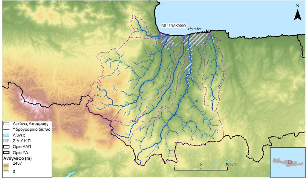 Σχήμα 4.5 : Υδατορεύματα και λεκάνες απορροής της ΖΔΥΚΠ «Χαμηλή ζώνη λεκανών ρεμάτων Ηρακλείου» GR13RAK0009 Πίνακας 4.