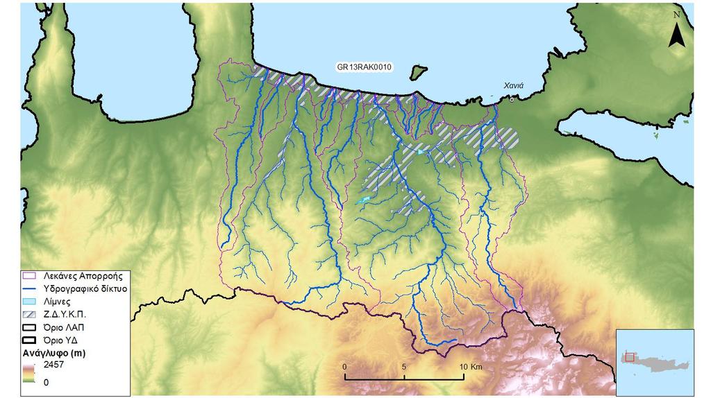 Σχήμα 4.6: Υδατορεύματα και λεκάνες απορροής της ΖΔΥΚΠ «Χαμηλή ζώνη λεκανών ρεμάτων Χανίων» GR13RAK0010 Πίνακας 4.