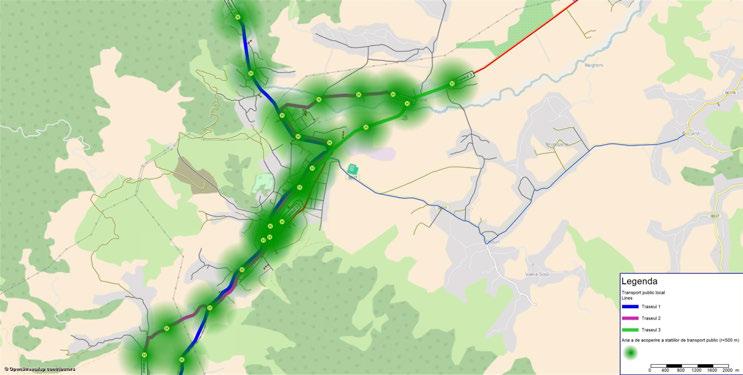 Figură 2-31 Traseele de transport public și principalele stații aflate pe parcursul acestora (raza = 400 m) Se poate observa o deservire