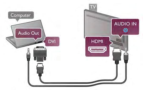 DVI - HDMI арқылы Немесе, компьютерді HDMI ұясына жалғау үшін DVI - HDMI адаптерін және теледидардың артындағы AUDIO IN L/R ұясына қосу үшін audio L/R кабелін пайдаланыңыз. Дыбыс деңгейін реттеу.