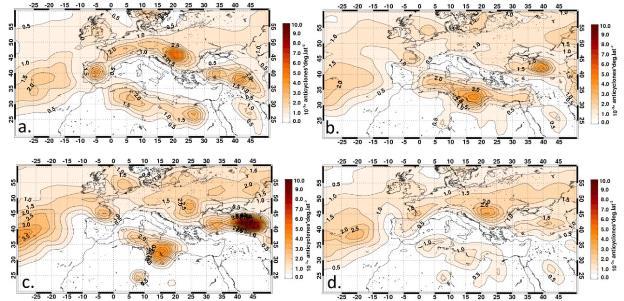 9 Σχήμα 2.4 Πυκνότητα αντικυκλωνικών συστημάτων α) τον χειμώνα, b) την άνοιξη, c) το καλοκαίρι, d) το φθινόπωρο. Πηγή: Hatzaki et al (2014) 2.