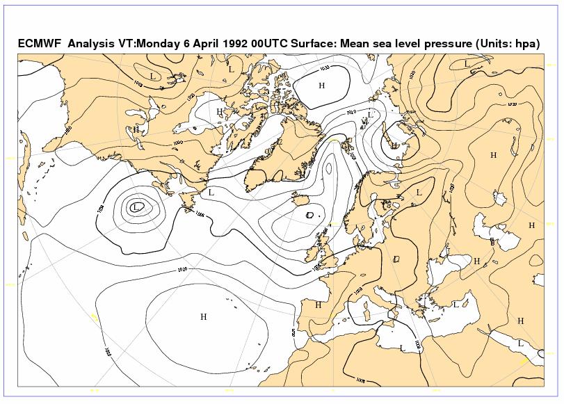 16 ΚΕΦΑΛΑΙΟ 4: Αποτελέσματα- Συζήτηση 4.1 Περίπτωση ψυχρού αντικυκλώνα 4.1.1 Συνοπτική κατάσταση κατά την 6η Απριλίου 1992 Η συνοπτική κατάσταση στην περιοχή της Ευρώπης για την επιφάνεια κατά την 6η Απριλίου 1992 φαίνεται στα σχήματα 4.