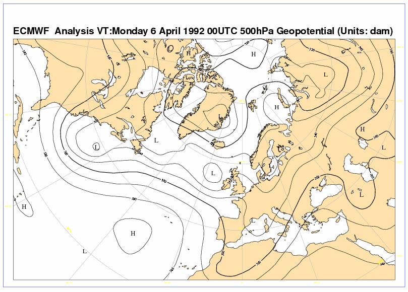 20 Σχήμα 4.7 Χάρτης γεωδυναμικού ύψους 500hPa 06/04/92 00UTC Σχήμα 4.