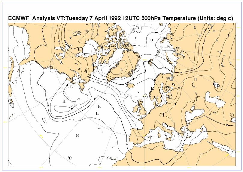 27 Σχήμα 4.19 Χάρτης θερμοκρασίας 500hPa 07/04/92 12UTC Σχήμα 4.