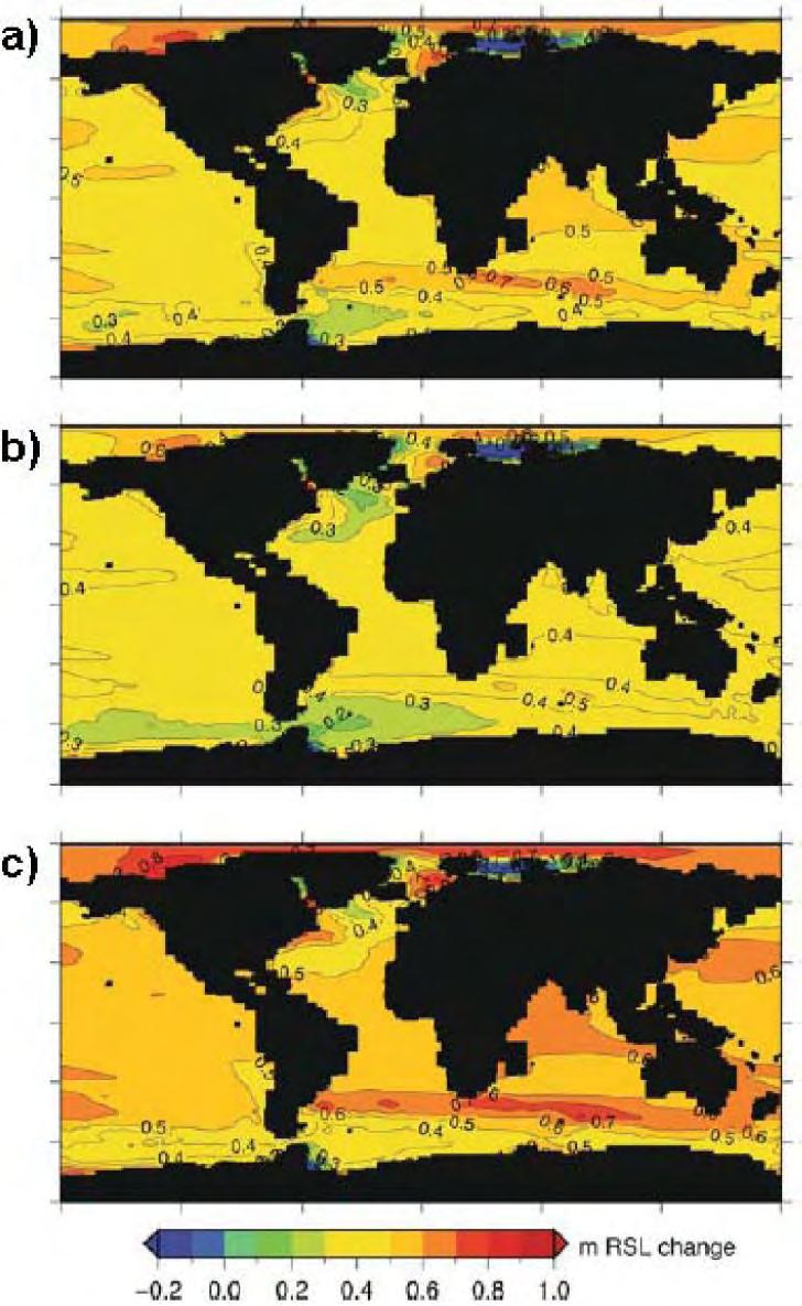 Figure 2.5.3: Variabilité régionale du niveau de la mer en 2090-2099 par rapport à 1990-1999 (Moyenne de 12 modèles de climat) due à la somme des facteurs retenus à la Fig. 2.5.2. 91 Source : Slangen et al.