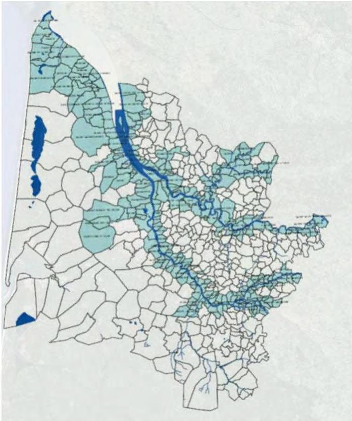 Carte 6.6 : Délimitation des zones à risques en Gironde, selon le DDRM (2005) 188 Source: Préfecture de la Gironde, Dossier Départemental des Risques Majeurs.