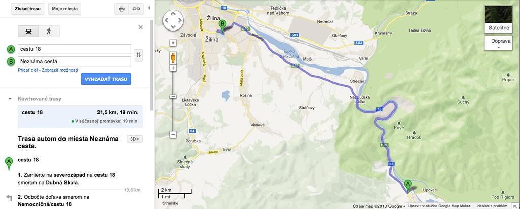 Obr. 5 2 Príklad trasy zobrazenej službou maps.google.com Služba maps.google.com vyhodnotila približne rovnakú trasu, nakoľko začiatočný a koncový bod bol určený experimentálne, vo vzdialenosti 21,5 km.