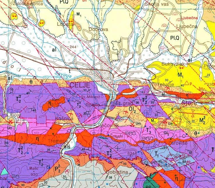 3.3 Opis kartiranih enot (kamnin) na območju KS Pod gradom Karta 5: Pregledna geološka karta Lista Celje (Vir: Osnovna geološka karta 1:100 000, Lista Celje L33 67, Tolmač, Geološki zavod Ljubljana