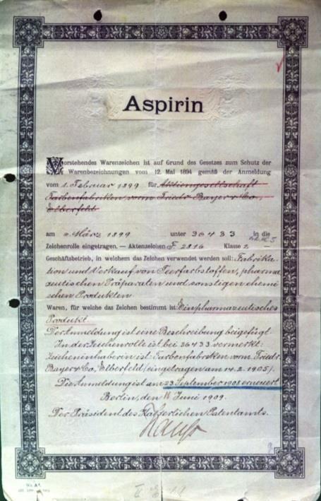 4. Liečivá Listina Cisárskeho patentového úradu z roku 1909 potvrdzujúa zápis Aspirínu 6. marca 1899 (zdroj Bayer A. G.).