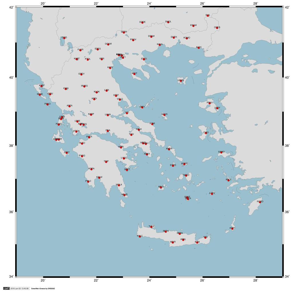 Σχήμα 1. Οι μόνιμοι σταθμοί του δικτύου METRICAΝΕΤ (Ιούνιος 2016).