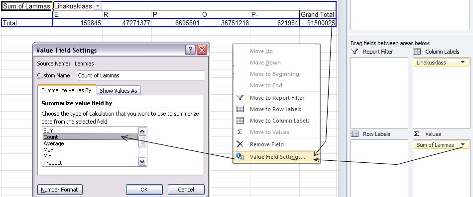 Summarize Values By Alternatiivina võib Pivot Table-s rakendatavat funktsiooni muuta ka a) klikkides tabelil hiire parempoolse nupuga