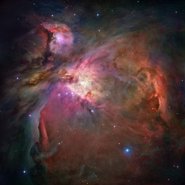 Orionova meglica, M42 najsvetlejša difuzna meglica na nebu prvi zapis o njej je šele iz leta 1610 (Nicholas-Claude Fabri de Peiresc) emisijsko-refleksijska meglica turbulentni oblak plina in prahu,