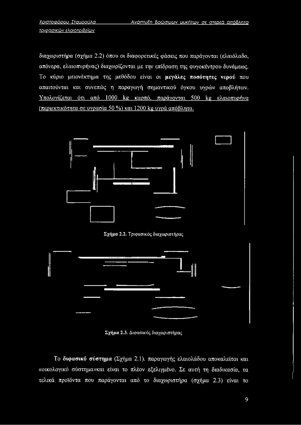 2) όπου οι διαφορετικές φάσεις που παράγονται (ελαιόλαδο, απόνερα, ελαιοπυρήνας) διαχωρίζονται με