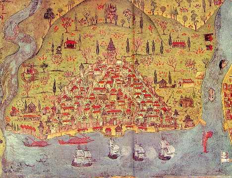 Η συνοικία της Κωνσταντινούπολης Συκεαί (Πέραν ή Γαλατάς). Βιβλίο της Εκστρατείας του Σουλεϊμάν. Βιβλιοθήκη Πανεπιστημίου Κωνσταντινούπολης.