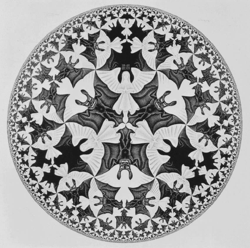 O kallitèqnhc Escher sto èrgo tou me touc aggèlouc kai diabìlouc qrhsimopoieð mia kˆluyh tou uperbolikoô epipèdou me kanonikˆ exˆgwna, me tic gwnðec touc orjèc. 5. Elleiptik GewmetrÐa.