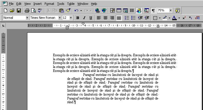 Marginea din stânga fixată prin Page Setup Marginea din dreapta fixată prin Page Setup Limitatorul ce stabileşte inceputul primului rând al paragrafului.