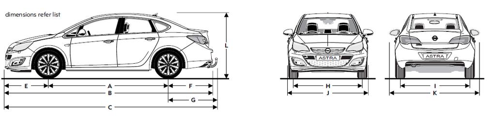 Τεχνικά Χαρακτηριστικά Opel Astra Sedan 1500mm 974mm 2685mm 999mm 1541mm 1551mm 4658mm 1814mm 2013mm Βάρη & Διαστάσεις Διαστάσεις οχήµατος σε mm Μήκος Πλάτος (+/- εξωτερικούς καθρέπτες) 4658 2013 /